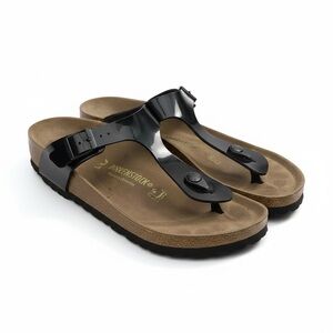 Birkenstock Glossy Black Sandals with Tan Footbed